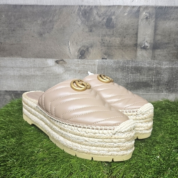 GUCCI Charlotte Matelasse gold GG Marmont logo platform espadrille jute mule - Picture 3 of 14